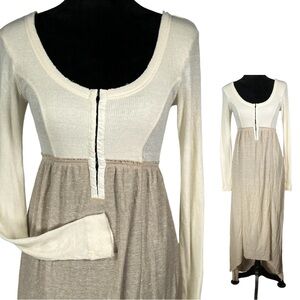 FP Beach Maxi Dress White Tan Waffle Weave Long Sleeve High Low Lightweight